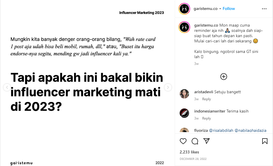 Influencer marketing sudah tidak relevan di 2023? PopStar bahas di artikel ini. Akun Instagram Garistemu.co